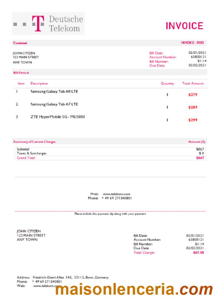 USA Deutsche Telecom faktura słowo i PDF szablon